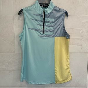 Women’s quarter zip pullover tank, brighy colored blue, yellow and grey color